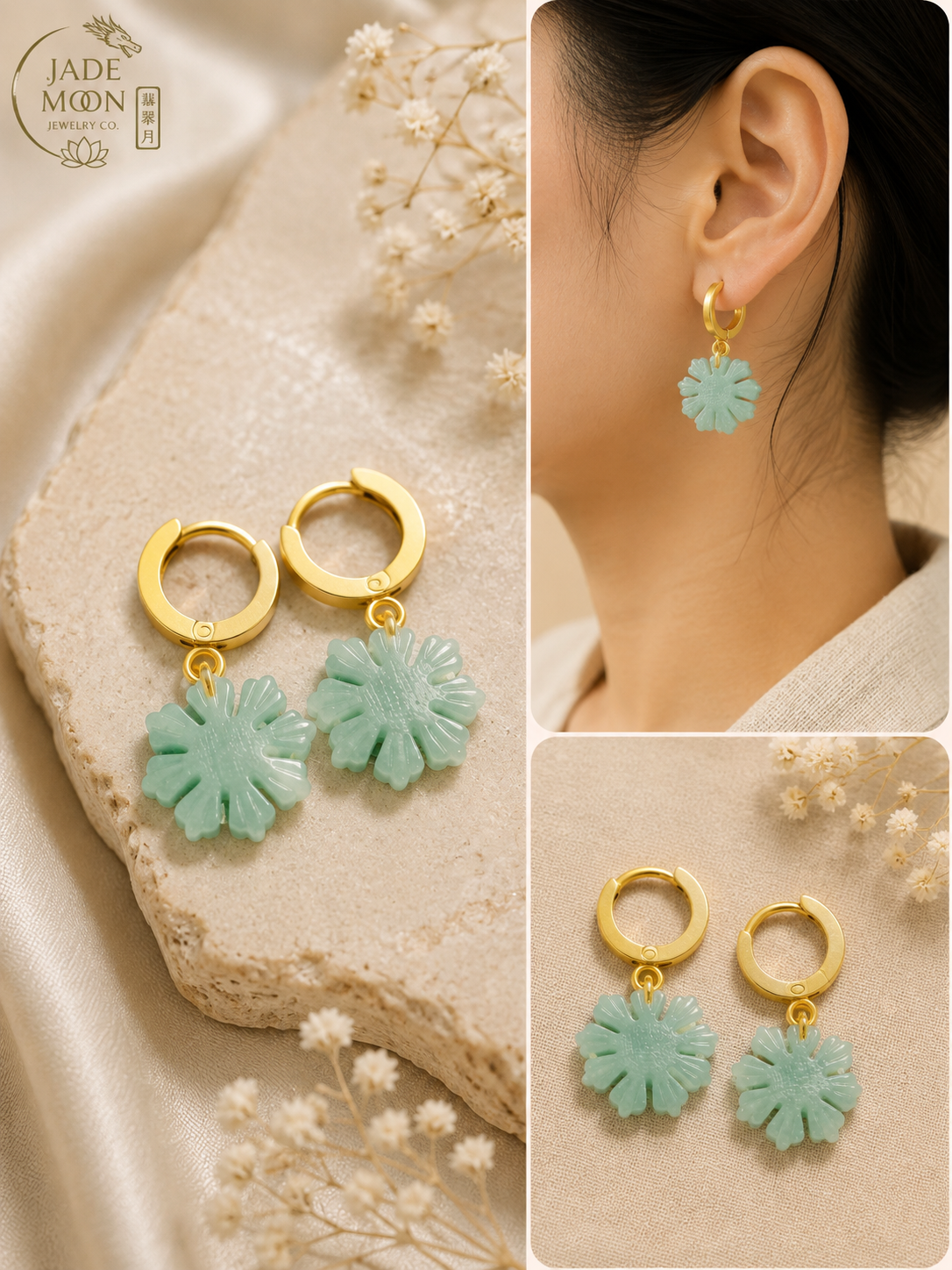 Jade Dangle Earrings Hoop Gold